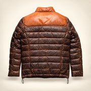 Straight rear upright ghost mannequin view of the Ridgehaven tan & brown leather down jacket.