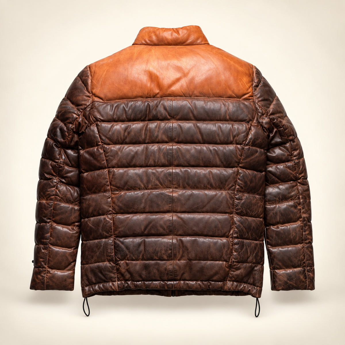 Straight rear upright ghost mannequin view of the Ridgehaven tan & brown leather down jacket.