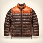 Straight front upright ghost mannequin view of the Ridgehaven tan & brown leather down jacket.