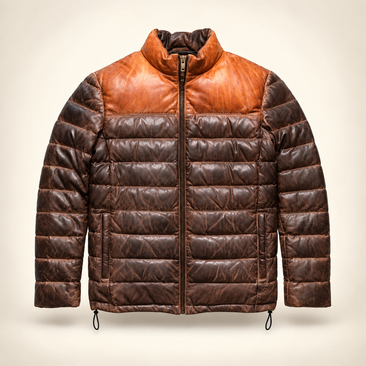 Straight front upright ghost mannequin view of the Ridgehaven tan & brown leather down jacket.