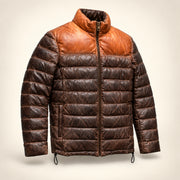 Three-quarter upright product view of the Ridgehaven tan & brown leather down jacket.