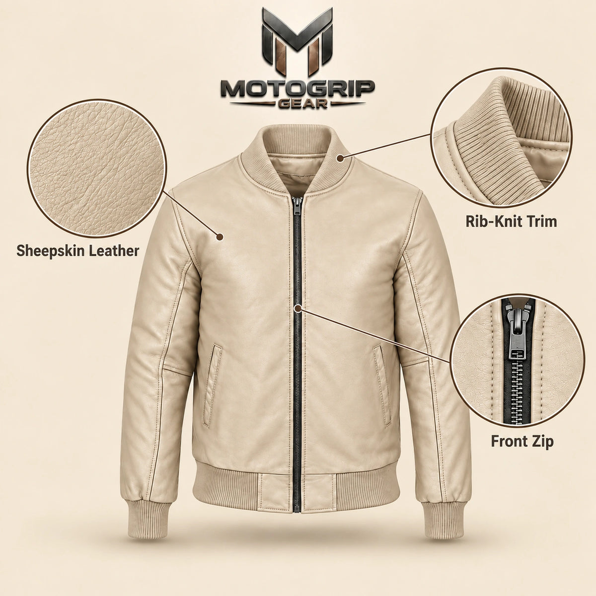 Beige sheepskin leather MA-1 bomber jacket showing leather texture, ribbed trim and front zipper