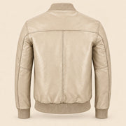 Back view of beige sheepskin leather MA-1 bomber jacket with shoulder yoke and ribbed hem
