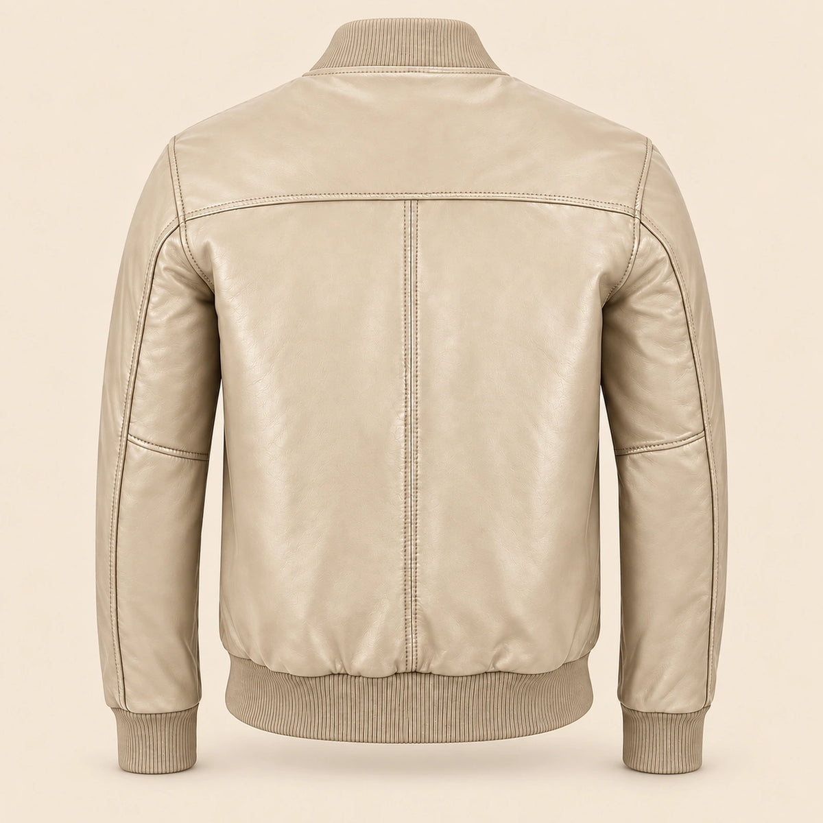 Back view of beige sheepskin leather MA-1 bomber jacket with shoulder yoke and ribbed hem