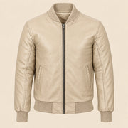 Front view of beige sheepskin leather MA-1 bomber jacket with center zip and ribbed trim