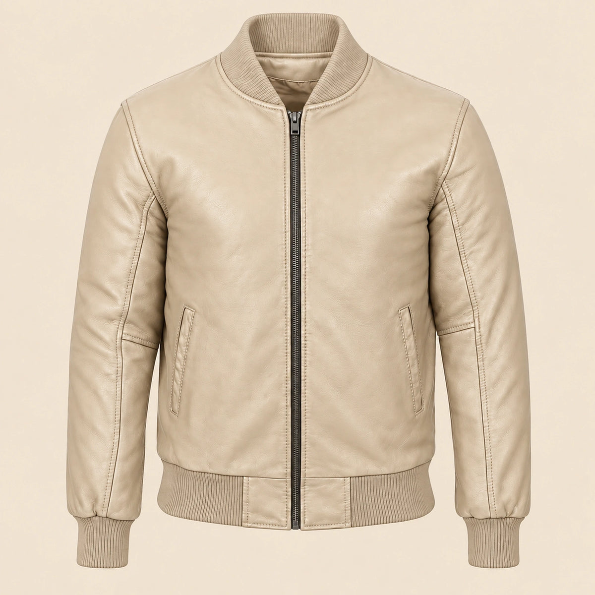Front view of beige sheepskin leather MA-1 bomber jacket with center zip and ribbed trim