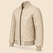 Three-quarter side view of beige sheepskin leather MA-1 bomber jacket