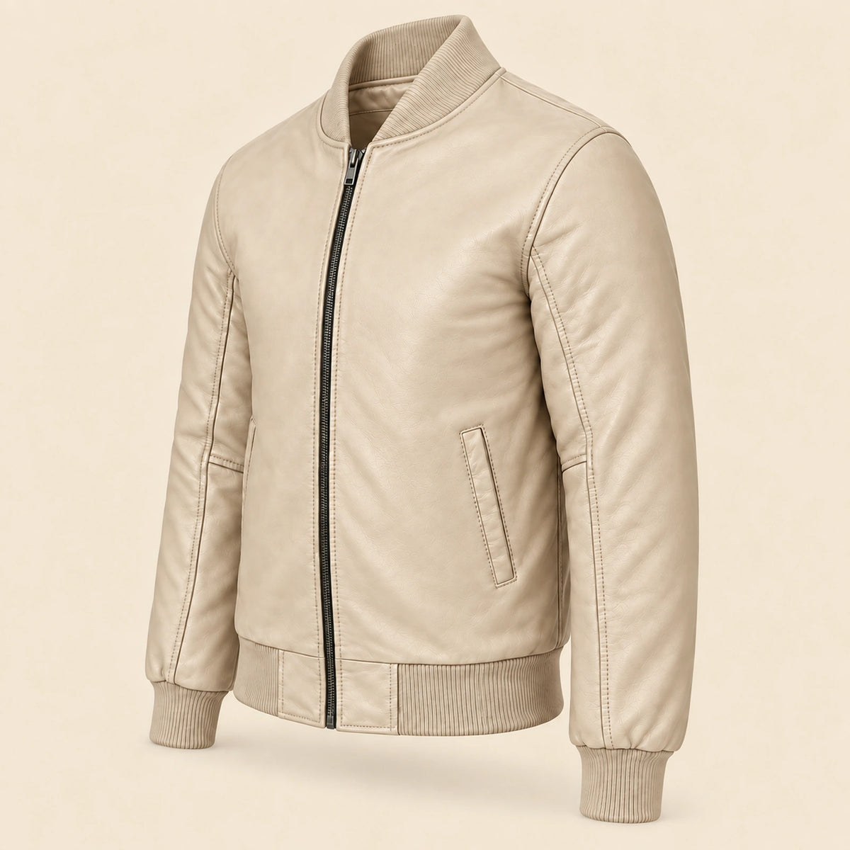 Three-quarter side view of beige sheepskin leather MA-1 bomber jacket