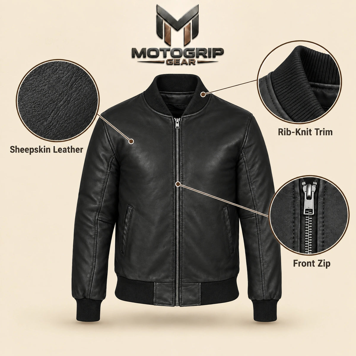 Black sheepskin leather MA-1 bomber jacket showing leather texture, ribbed trim and front zipper