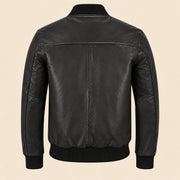 Back view of black sheepskin leather MA-1 bomber jacket with shoulder yoke and ribbed hem