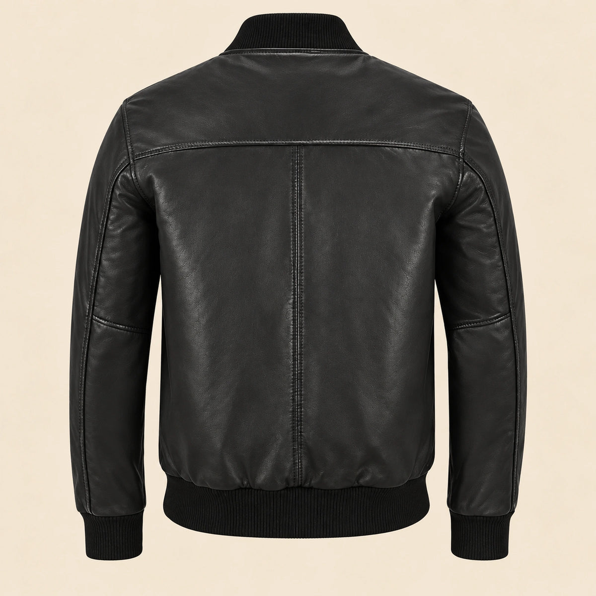 Back view of black sheepskin leather MA-1 bomber jacket with shoulder yoke and ribbed hem