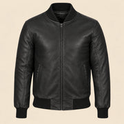 Front view of black sheepskin leather MA-1 bomber jacket with center zip and ribbed trim
