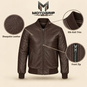 Brown sheepskin leather MA-1 bomber jacket showing leather texture, ribbed trim and front zipper