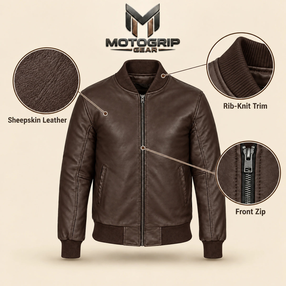 Brown sheepskin leather MA-1 bomber jacket showing leather texture, ribbed trim and front zipper