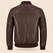 Back view of brown sheepskin leather MA-1 bomber jacket with shoulder yoke and ribbed hem