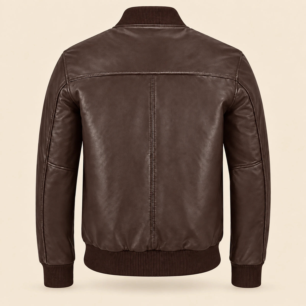 Back view of brown sheepskin leather MA-1 bomber jacket with shoulder yoke and ribbed hem