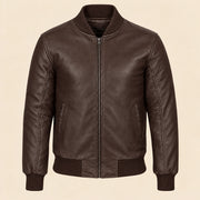 Front view of brown sheepskin leather MA-1 bomber jacket with center zip and ribbed trim