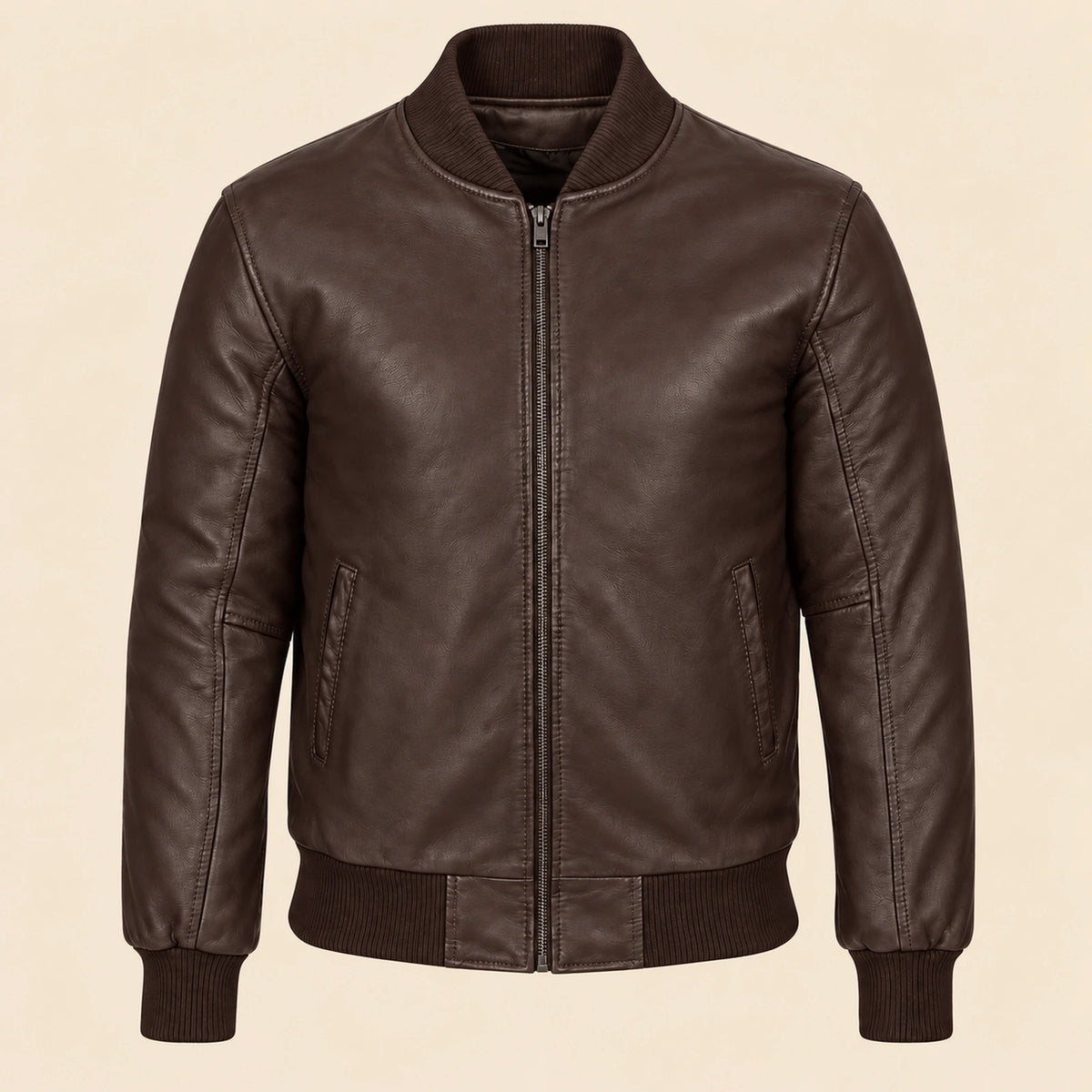 Front view of brown sheepskin leather MA-1 bomber jacket with center zip and ribbed trim