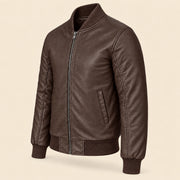 Three-quarter side view of brown sheepskin leather MA-1 bomber jacket