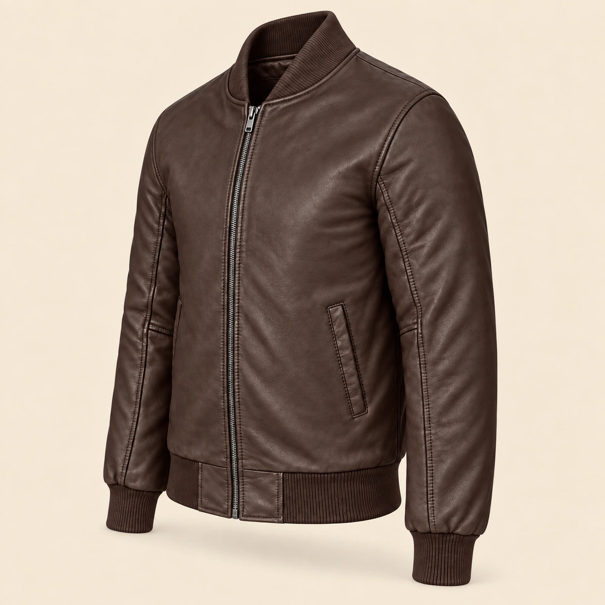Three-quarter side view of brown sheepskin leather MA-1 bomber jacket