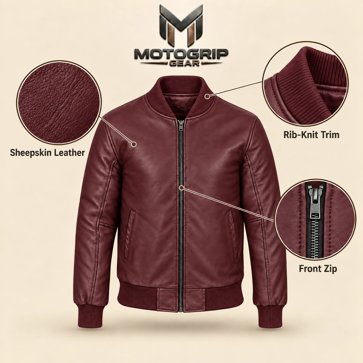 Burgundy sheepskin leather MA-1 bomber jacket showing leather texture, ribbed trim and front zipper