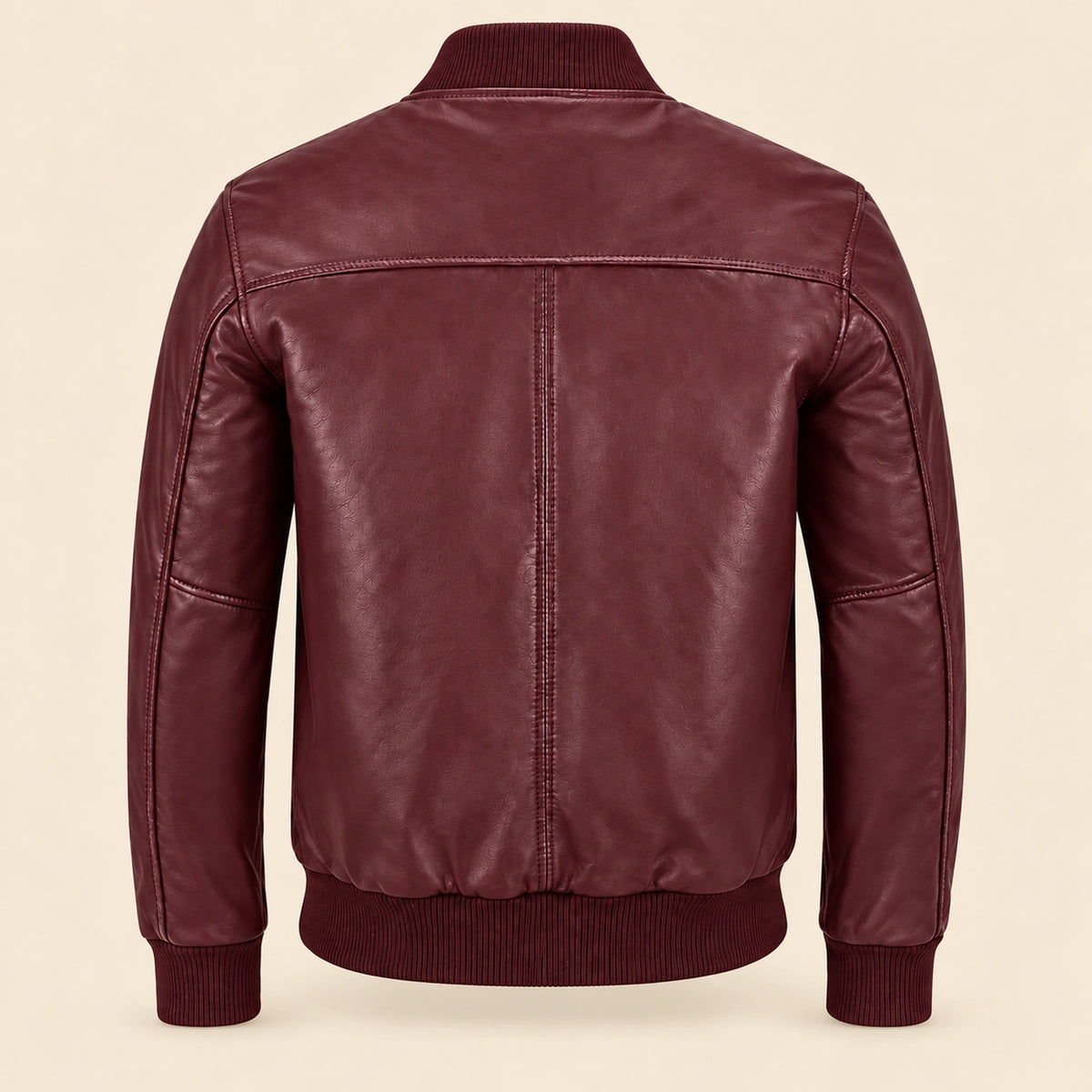 Back view of burgundy sheepskin leather MA-1 bomber jacket with shoulder yoke and ribbed hem