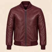 Front view of burgundy sheepskin leather MA-1 bomber jacket with center zip and ribbed trim