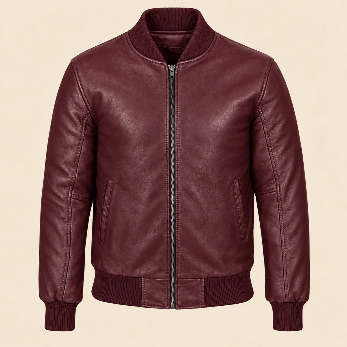 Front view of burgundy sheepskin leather MA-1 bomber jacket with center zip and ribbed trim