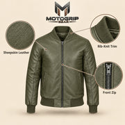 Green sheepskin leather MA-1 bomber jacket showing leather texture, ribbed trim and front zipper
