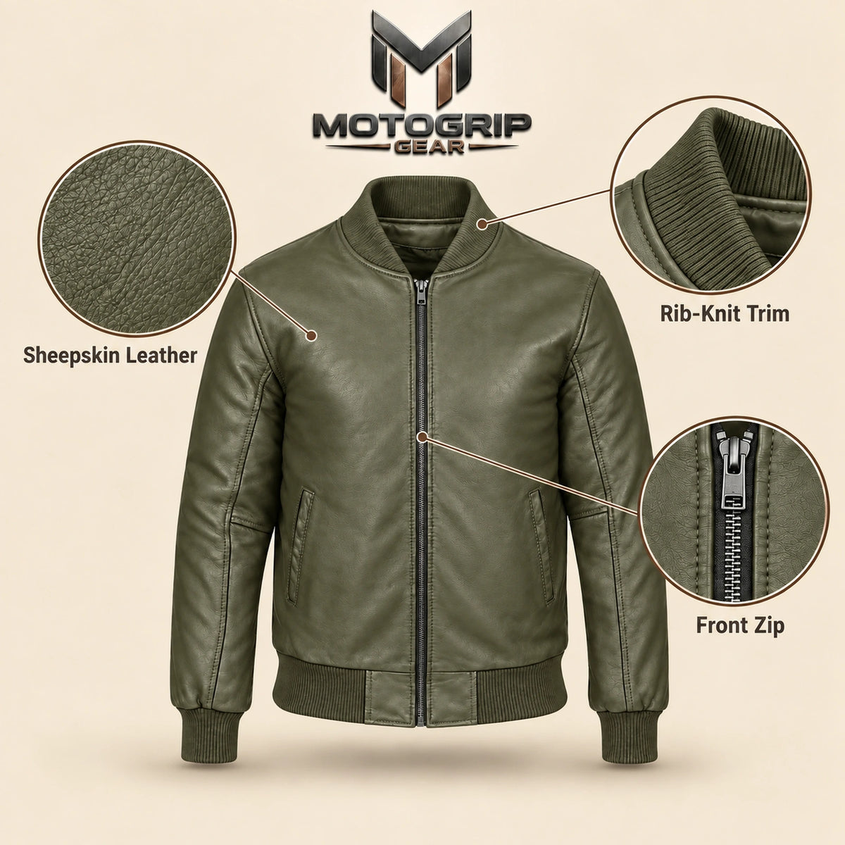 Green sheepskin leather MA-1 bomber jacket showing leather texture, ribbed trim and front zipper