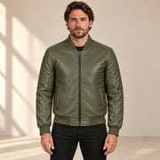 Male model wearing the green sheepskin leather MA-1 bomber jacket, front view
