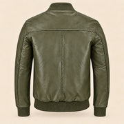Back view of green sheepskin leather MA-1 bomber jacket with shoulder yoke and ribbed hem