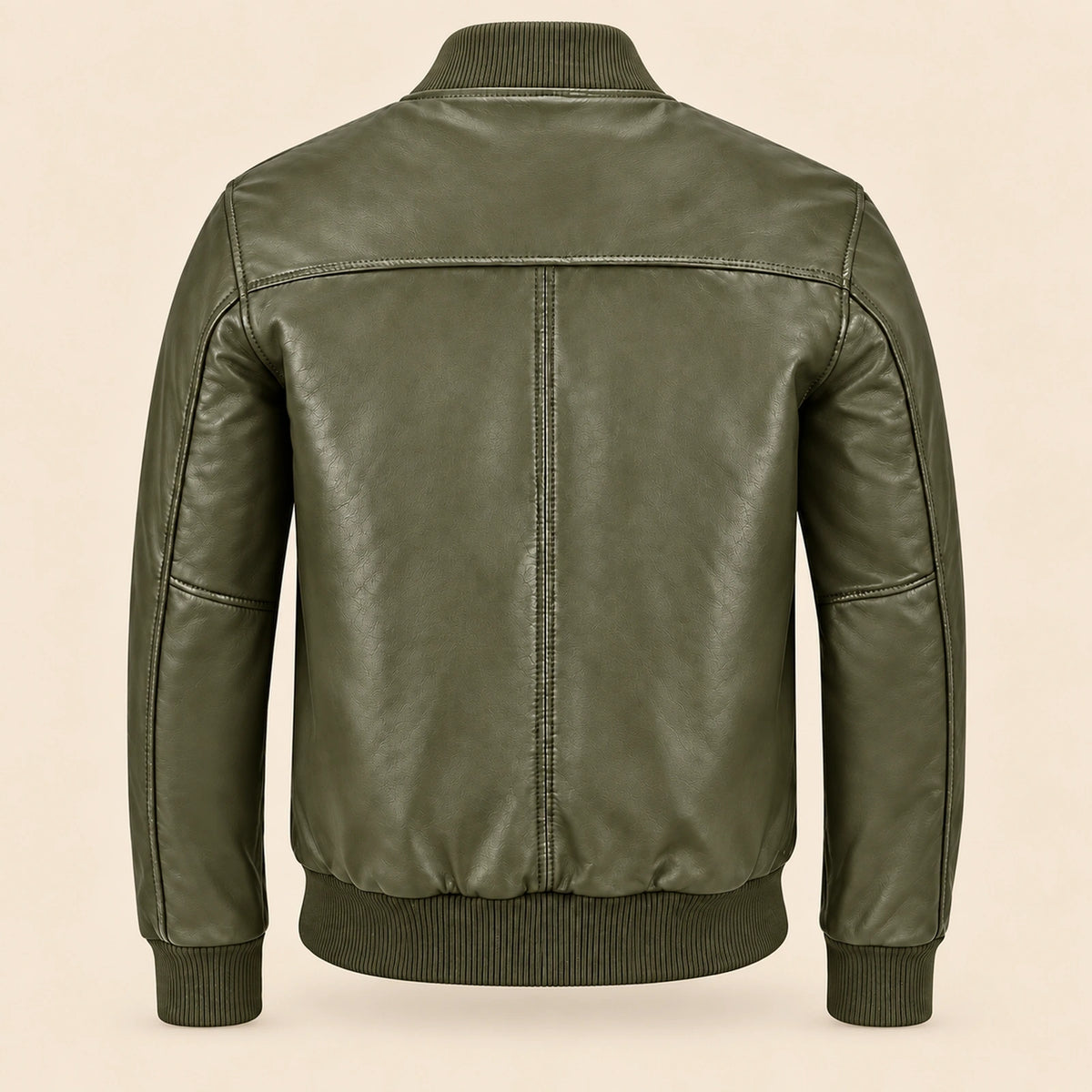 Back view of green sheepskin leather MA-1 bomber jacket with shoulder yoke and ribbed hem