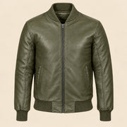 Front view of green sheepskin leather MA-1 bomber jacket with center zip and ribbed trim
