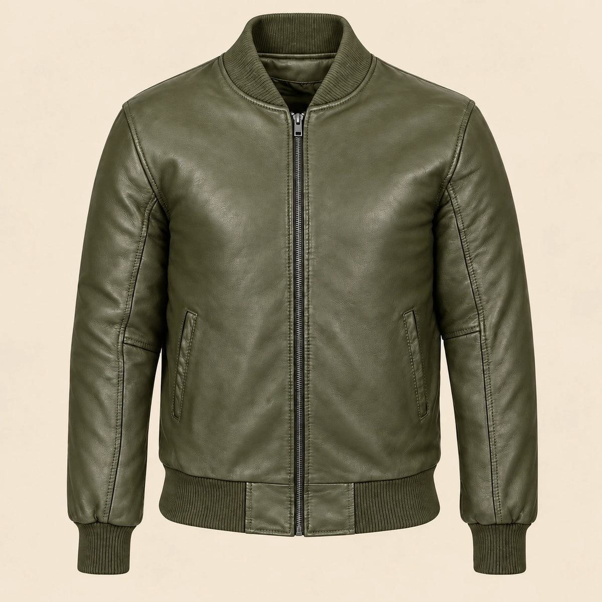 Front view of green sheepskin leather MA-1 bomber jacket with center zip and ribbed trim