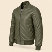 Three-quarter side view of green sheepskin leather MA-1 bomber jacket