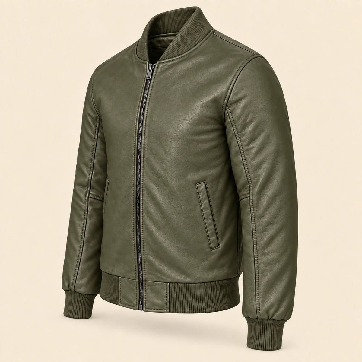 Three-quarter side view of green sheepskin leather MA-1 bomber jacket