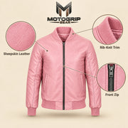 Pink sheepskin leather MA-1 bomber jacket showing leather texture, ribbed trim and front zipper