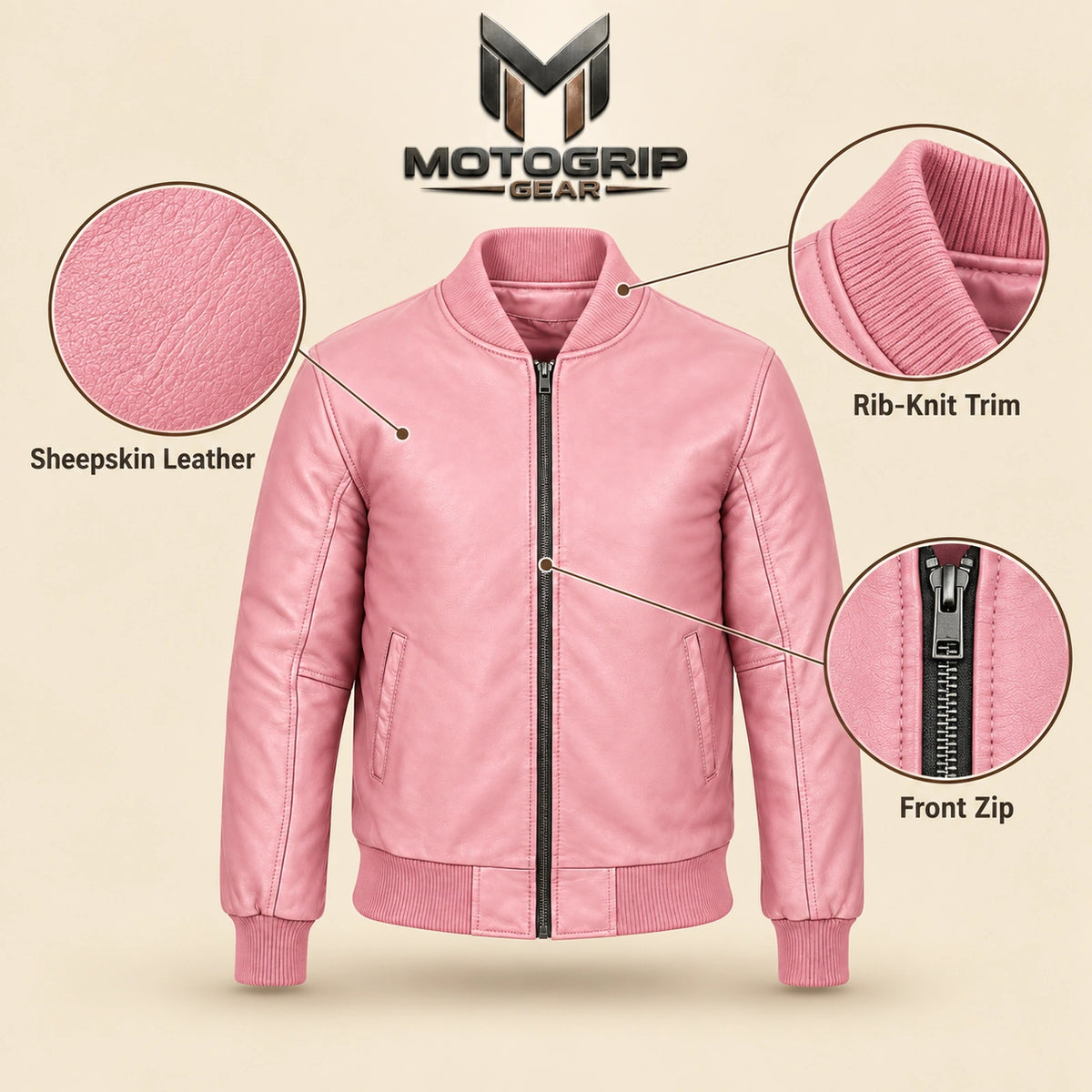 Pink sheepskin leather MA-1 bomber jacket showing leather texture, ribbed trim and front zipper
