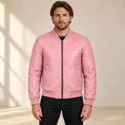 Male model wearing the pink sheepskin leather MA-1 bomber jacket, front view