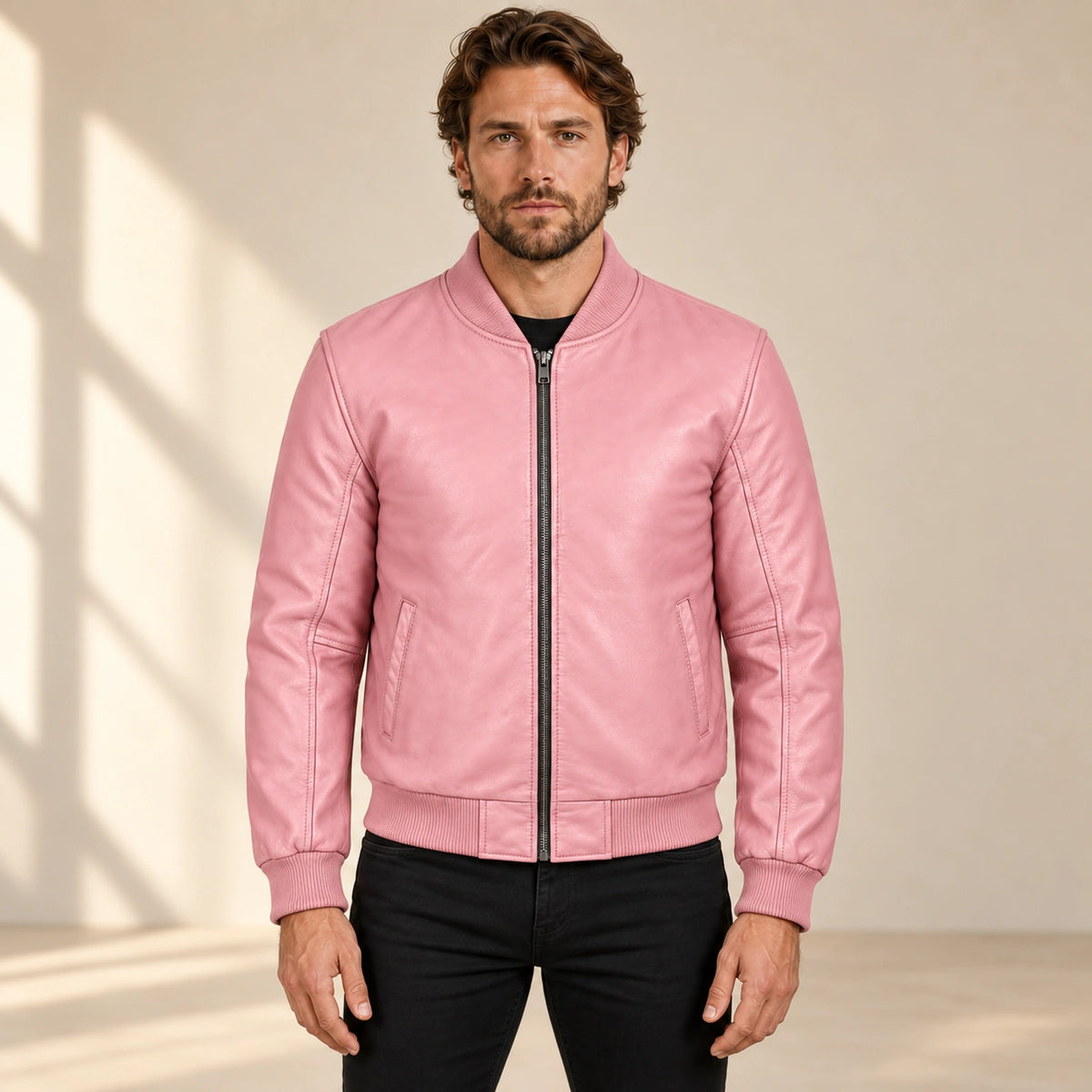 Male model wearing the pink sheepskin leather MA-1 bomber jacket, front view