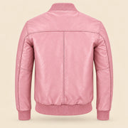Back view of pink sheepskin leather MA-1 bomber jacket with shoulder yoke and ribbed hem