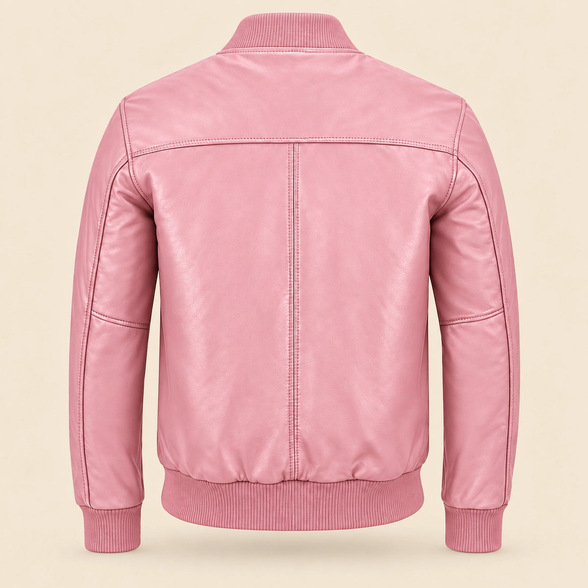 Back view of pink sheepskin leather MA-1 bomber jacket with shoulder yoke and ribbed hem