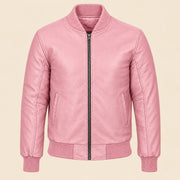 Front view of pink sheepskin leather MA-1 bomber jacket with center zip and ribbed trim