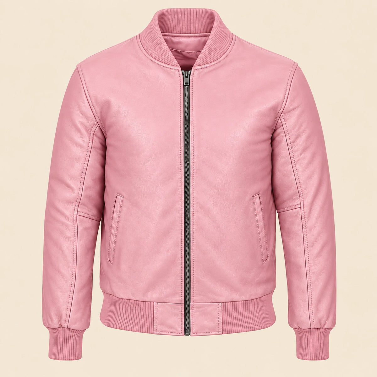 Front view of pink sheepskin leather MA-1 bomber jacket with center zip and ribbed trim