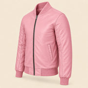 Three-quarter side view of pink sheepskin leather MA-1 bomber jacket