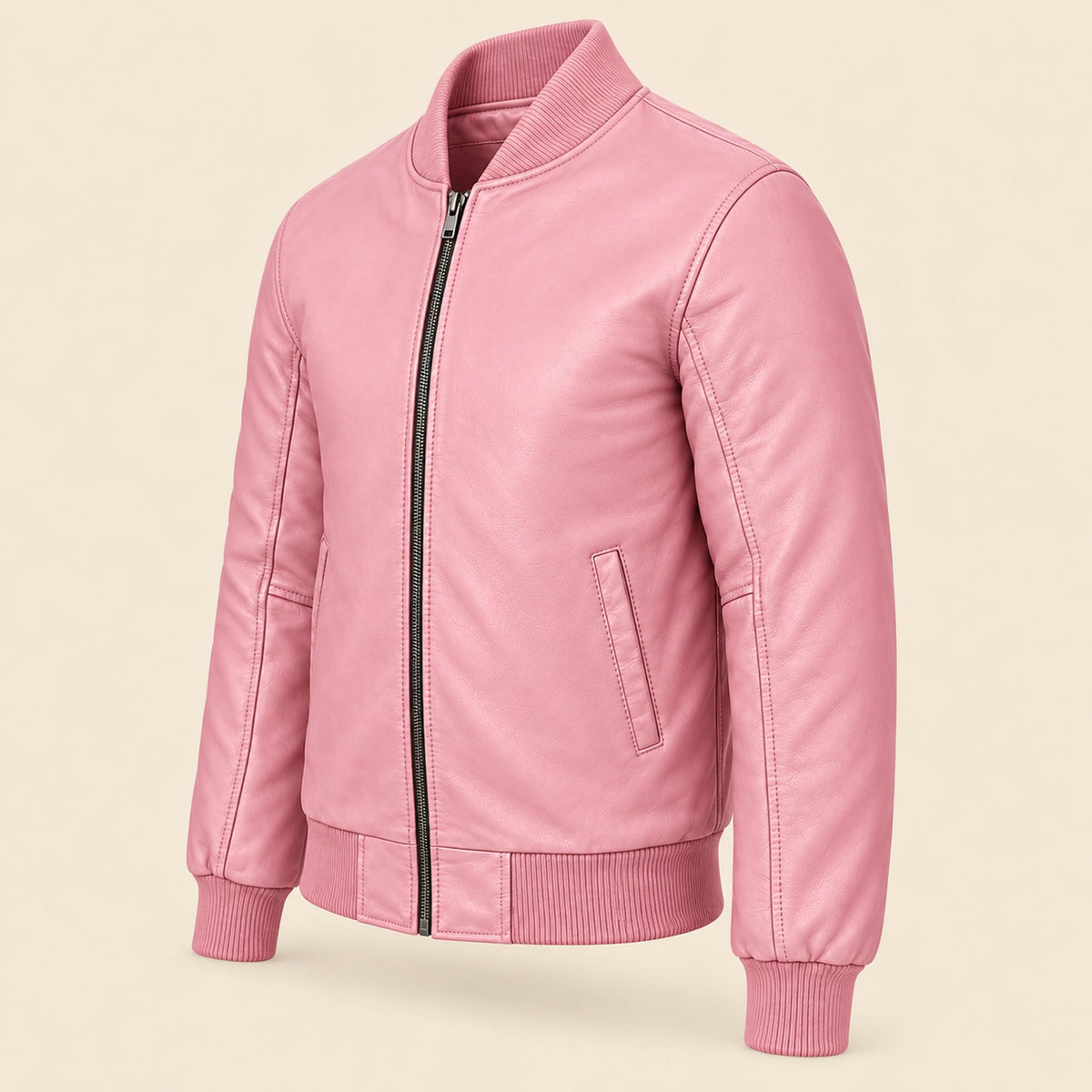 Three-quarter side view of pink sheepskin leather MA-1 bomber jacket