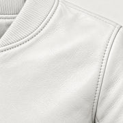 Close-up of white bomber jacket leather grain and seam stitching