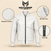 White sheepskin leather MA-1 bomber jacket showing leather texture, ribbed trim and front zipper
