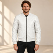 Male model wearing the white sheepskin leather MA-1 bomber jacket, front view